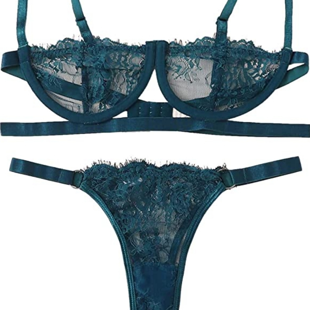 SheIn Women's 2 Piece Sexy Lace Strap Bralette Bra and Panty Lingerie Set Push U